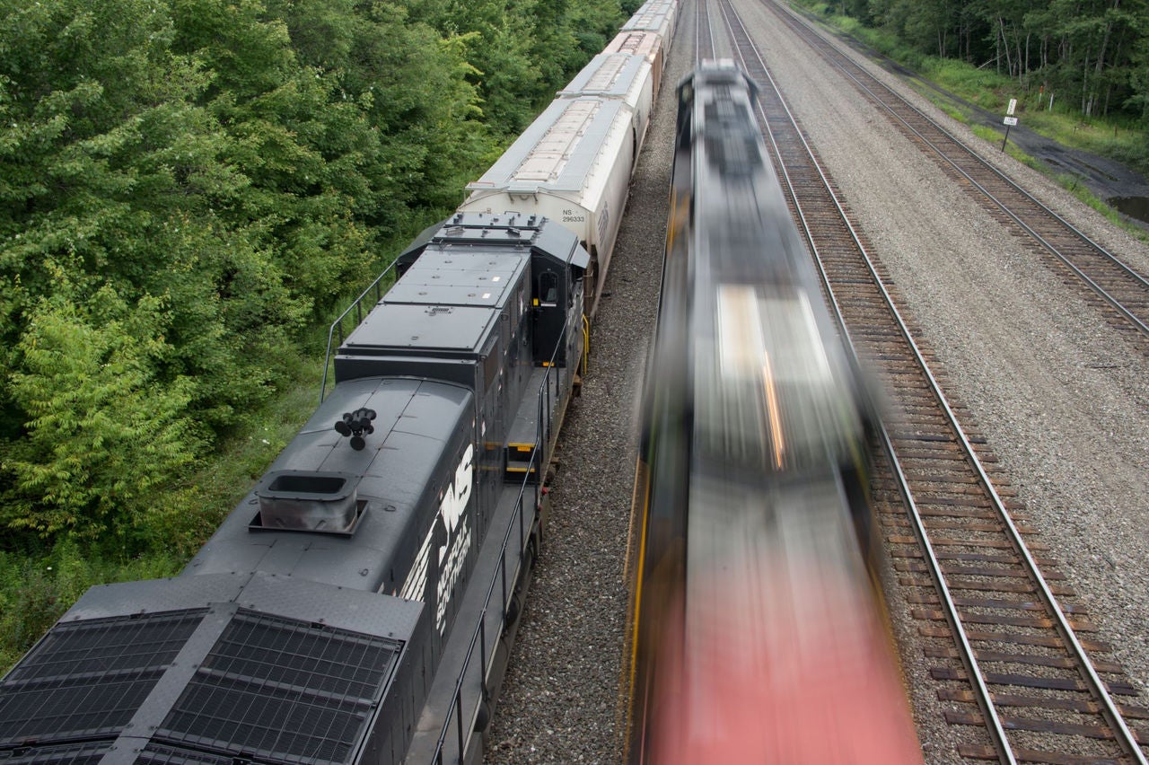 Norfolk Southern Mixed Freight Train Passing Norfolk Southern Grain Train; Cresson, Pennsylvania