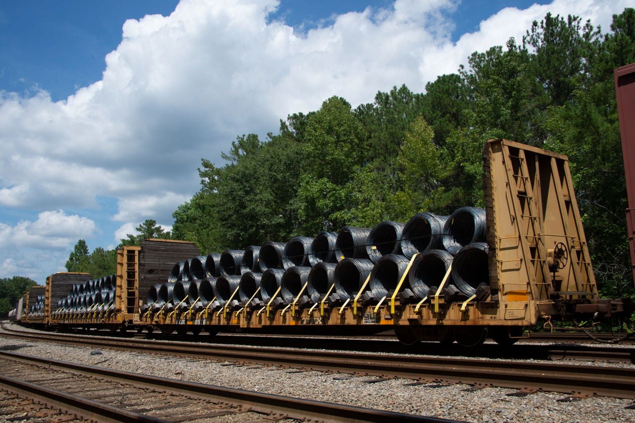 Metal Wire Loads on Norfolk Southern Bulkhead Flat Cars; Irondale, Alabama