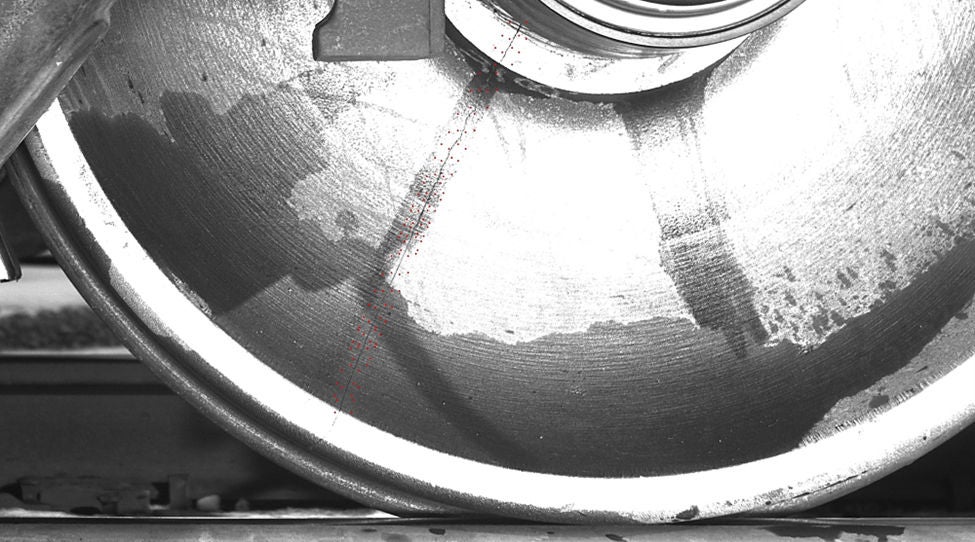 Cracked wheel detected by Burns Harbor wheel integrity system
