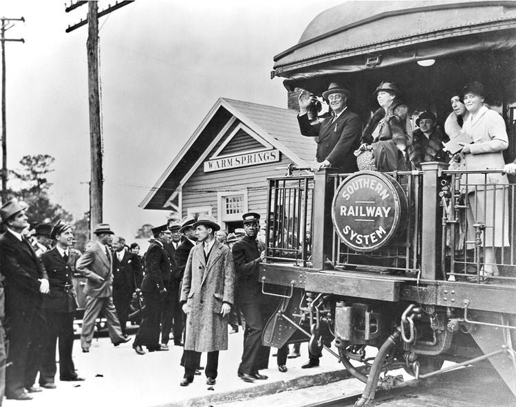 President Franklin Delano Roosevelt with Eleanor Roosevelt on Marco Polo railcar in December 1933