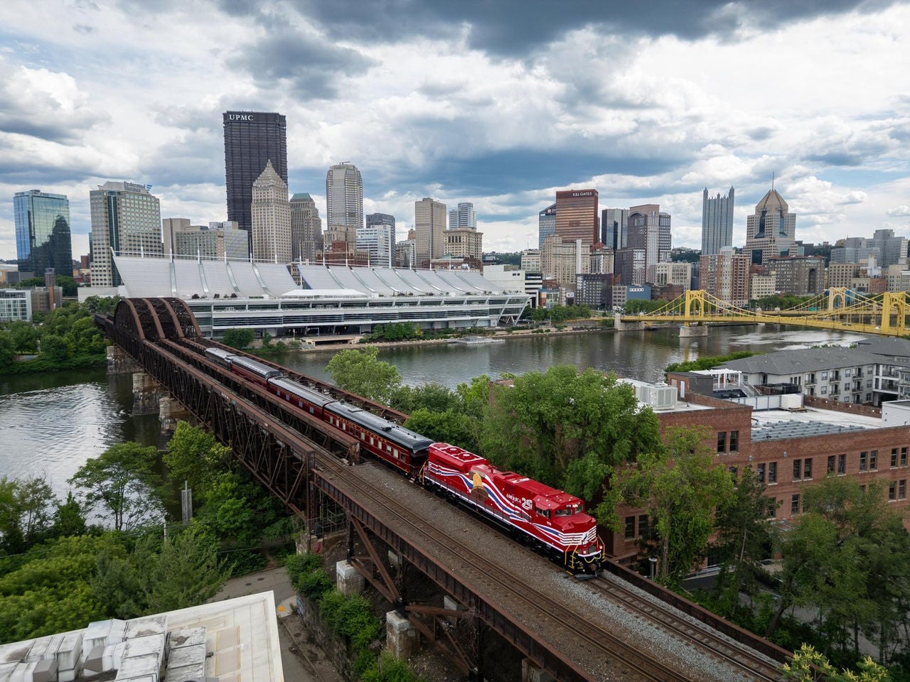 NS 955 led by No. 1776, The Bell, traveling west through Pittsburgh, PA for America's 250. Photo: Nate Denlinger