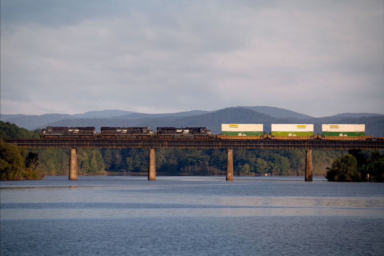 Norfolk Southern Intermodal Train; Tugalo River on the border of South Carolina and Georgia