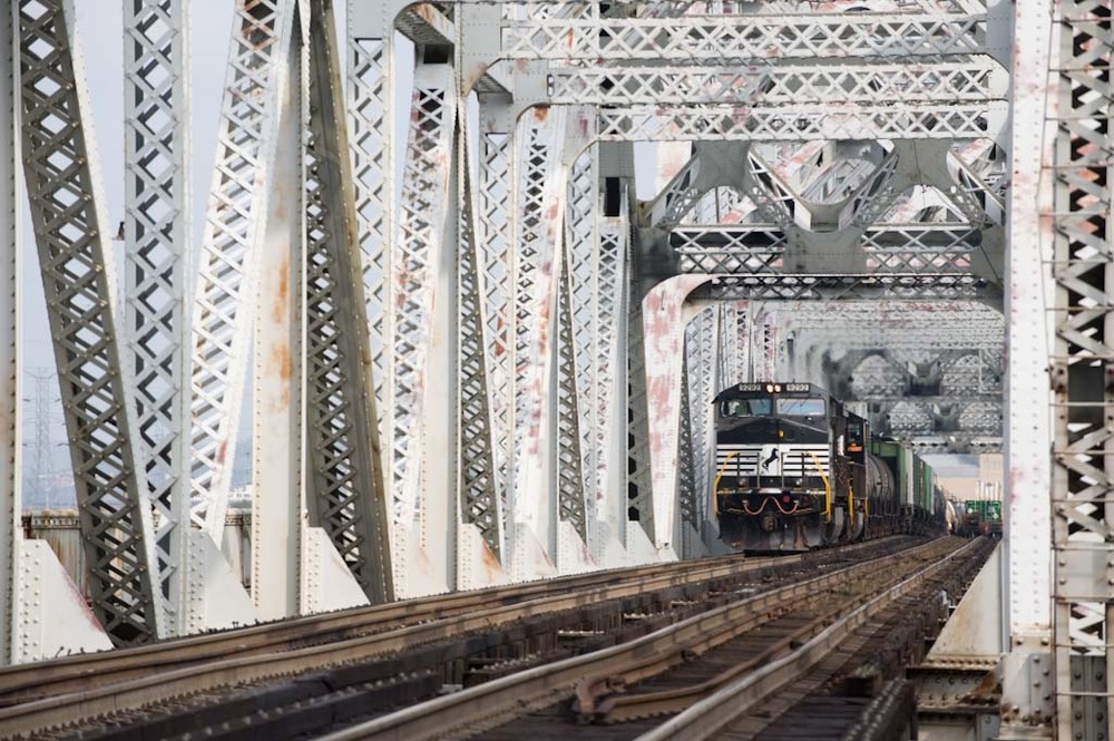 Mixed Freight Train crossing Cincinnati Bridge