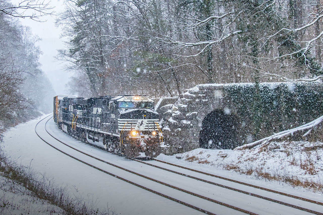 Norfolk Southern locomotive in the snow